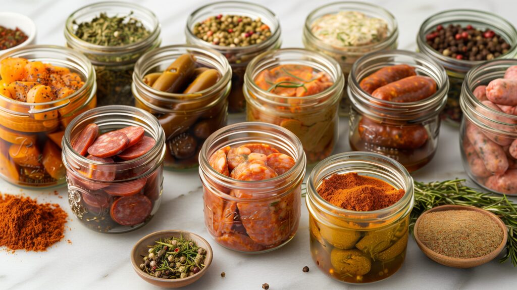 Assorted jars of pickled sausages with different flavors and spices.