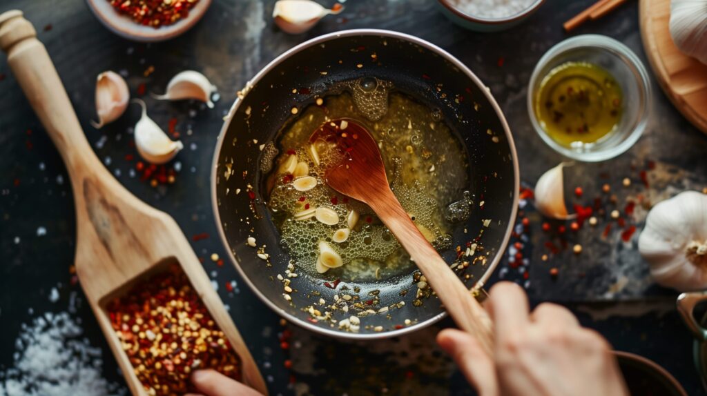 A saucepan with boiling pickling brine, surrounded by pickling ingredients.