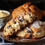 An image of crookies: golden-brown croissant-cookie hybrids with flaky layers, chocolate filling, and a glossy sugar glaze.