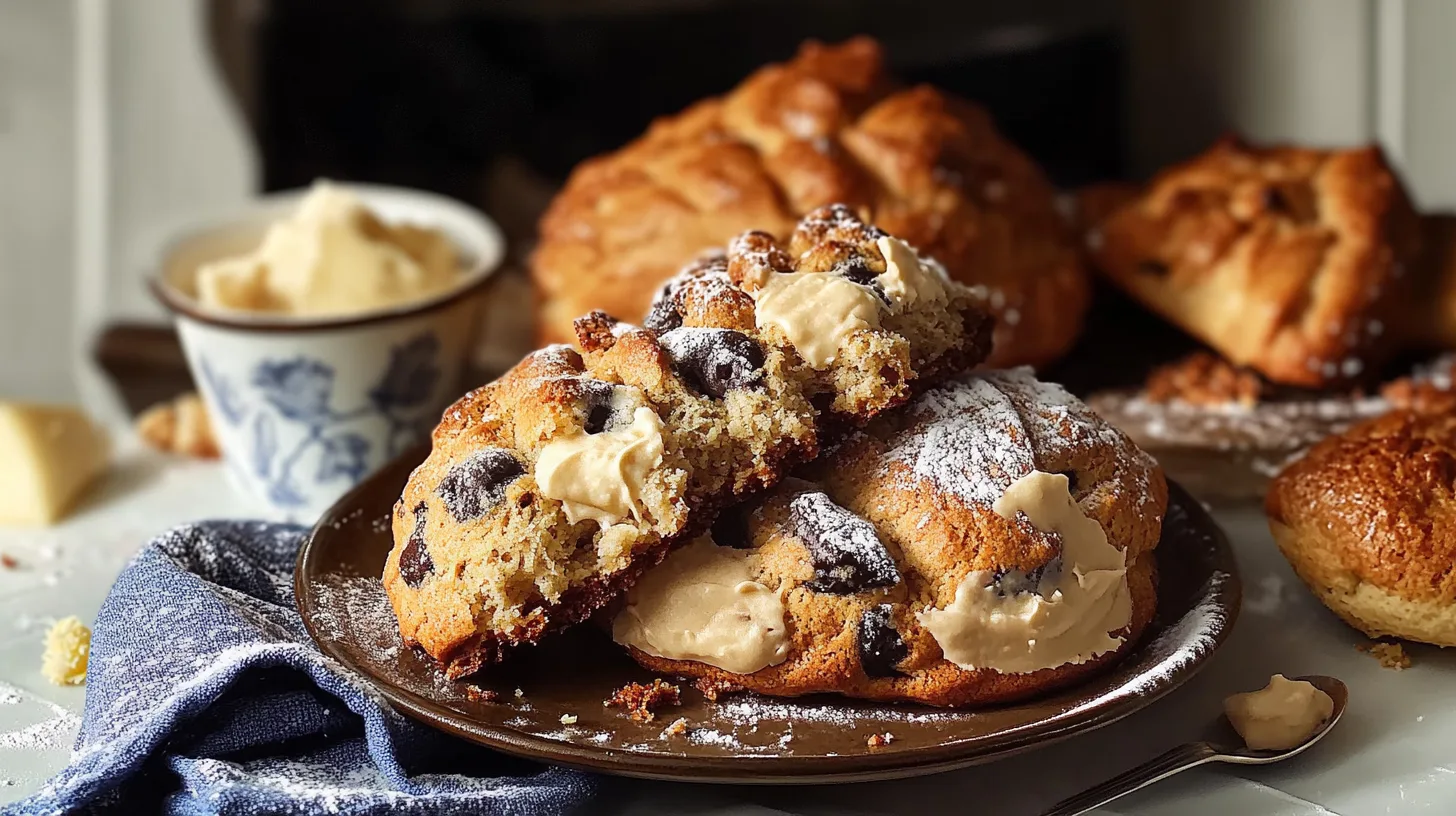 An image of crookies: golden-brown croissant-cookie hybrids with flaky layers, chocolate filling, and a glossy sugar glaze.