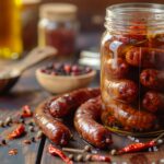 A jar of pickled sausages surrounded by spices on a rustic table.