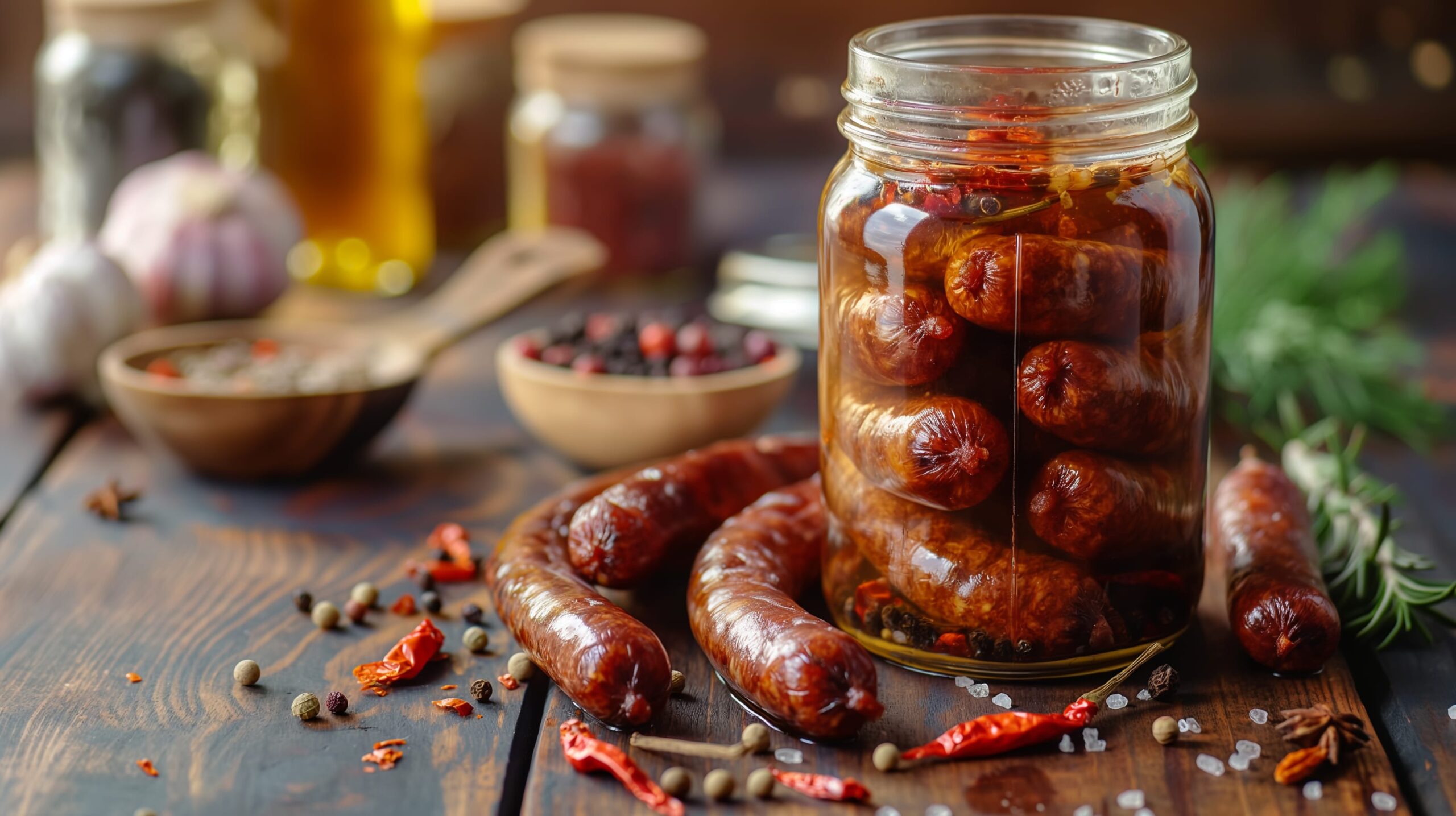 A jar of pickled sausages surrounded by spices on a rustic table.