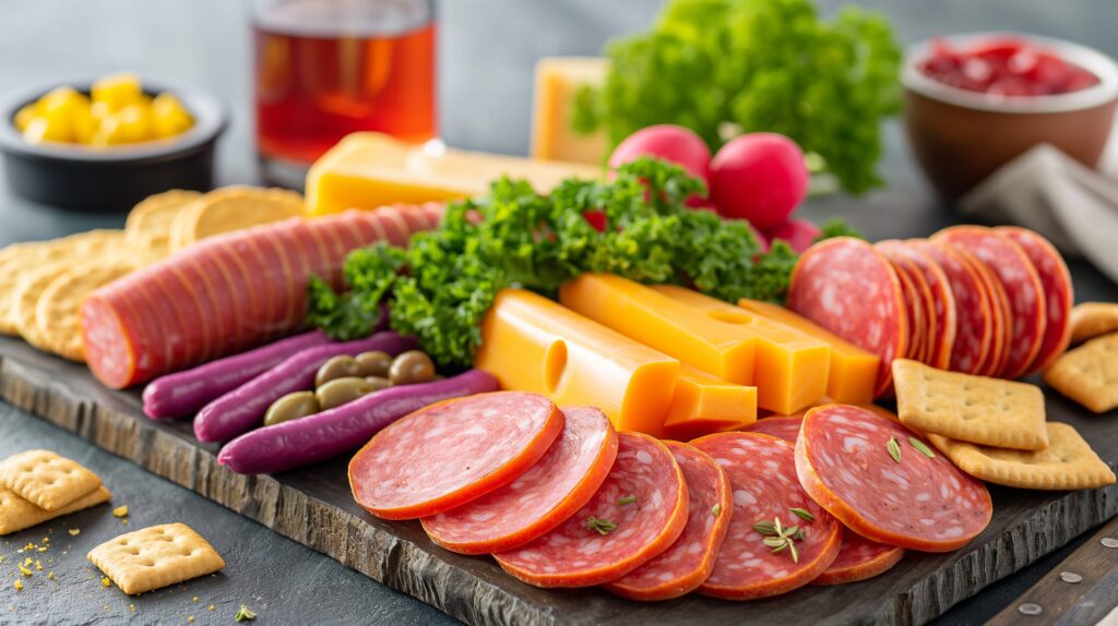 A charcuterie board featuring pickled sausages, cheese, and crackers.