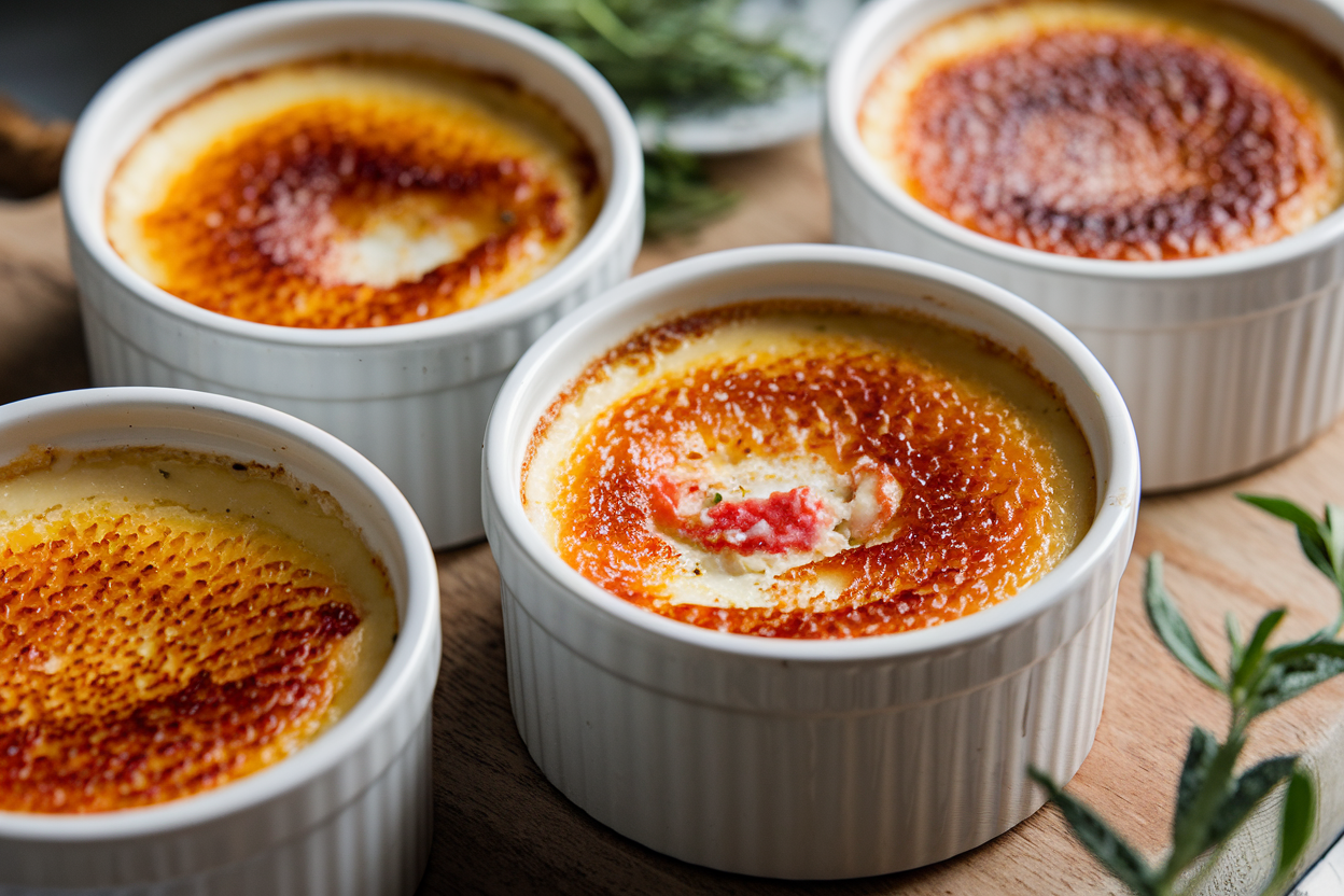 Rich and savory crab brûlée with creamy crab filling, a caramelized golden top, and hints of herbs and spices.