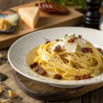 Plate of creamy Fettuccine Carbonara garnished with black pepper and Pecorino Romano.