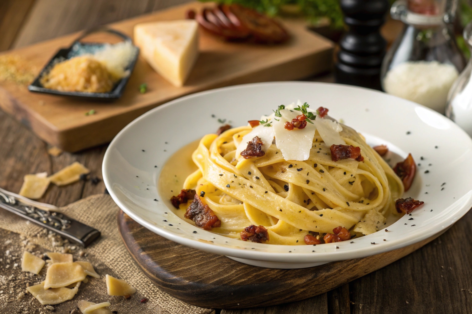 Plate of creamy Fettuccine Carbonara garnished with black pepper and Pecorino Romano.