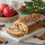 A golden-brown apple cinnamon swirl loaf with a glazed top, featuring ribbons of cinnamon and tender apple chunks.