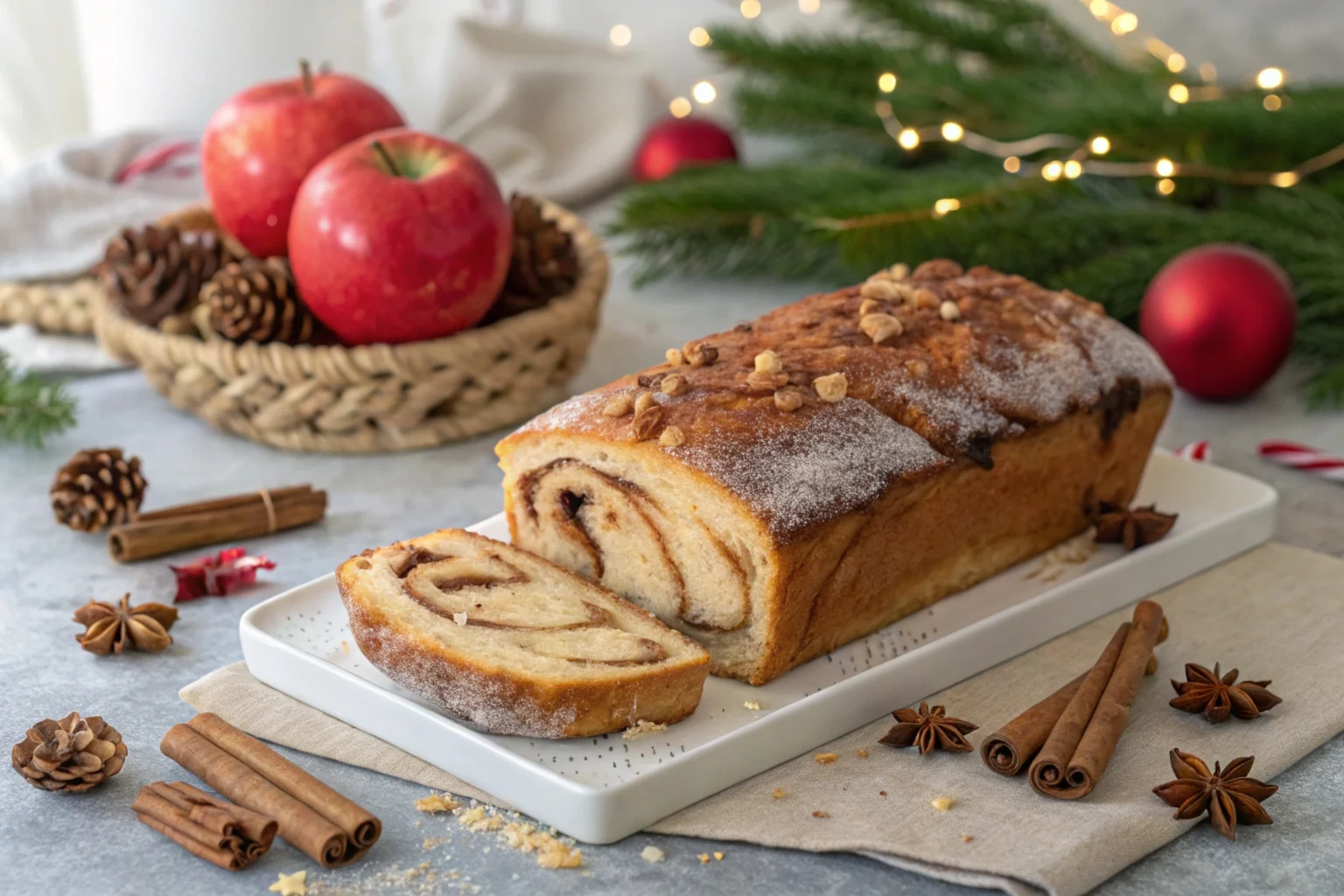 A golden-brown apple cinnamon swirl loaf with a glazed top, featuring ribbons of cinnamon and tender apple chunks.